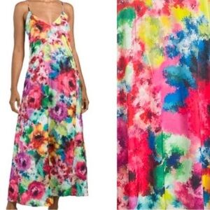 Nicole Miller Rainbow Watercolor Satin Slip Maxi Dress